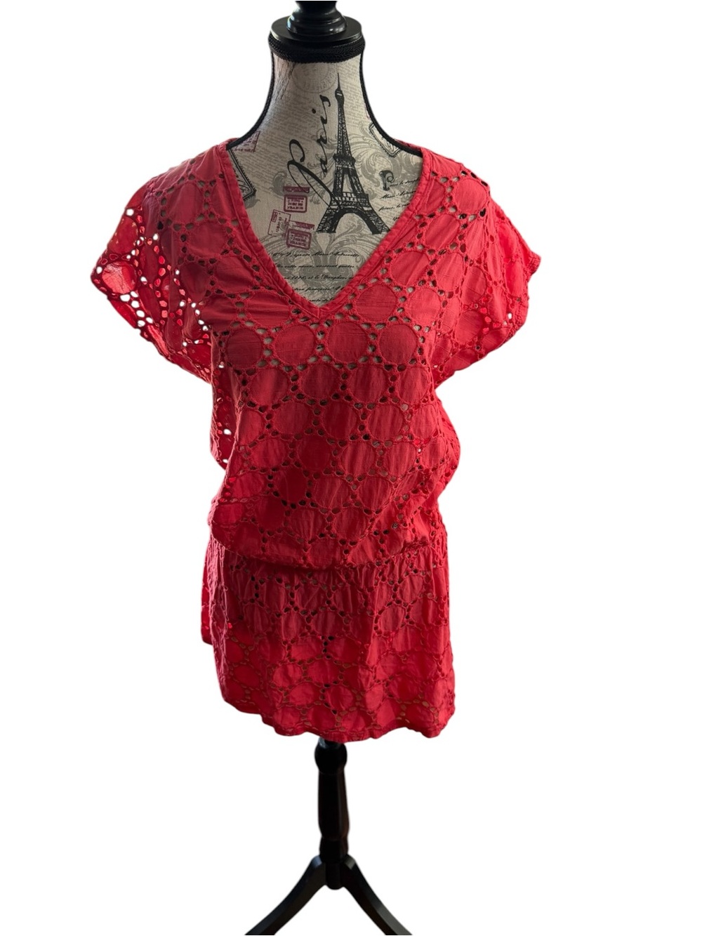 Jordan Taylor Bright Coral Crochet Beach Cover-Up Tunic